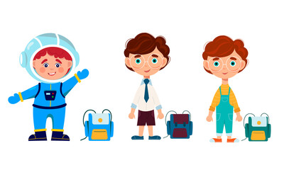 The child is a schoolboy and the child is an astronaut. Children with backpacks. Vector illustration.