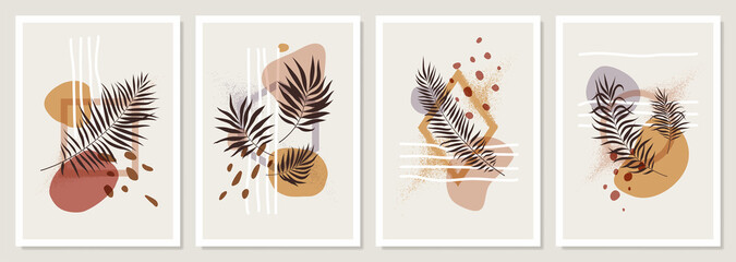 Collection of compositions with geometric shapes and exotic tropical leaves in pastel colors, trendy minimalistic vector posters, for wall decoration and cover design