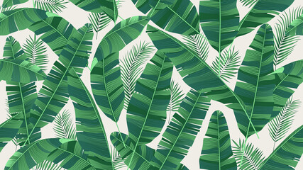 Seamless pattern with bright green leaves of banana palm and tropical plants on a light background, trendy exotic vector composition