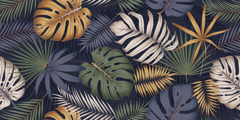 Seamless multicolored pattern with exotic tropical plants, monstera leaves and palm trees, Exotic botany composition in trendy contemporary collage style, vector illustration - obrazy, fototapety, plakaty