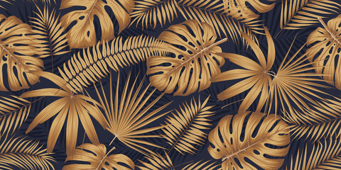 Seamless pattern with golden leaves monsters and tropical plants on a dark background, Exotic botany design collage style, luxury vector template © max_776