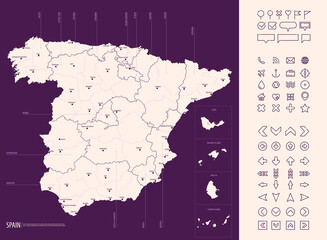 Detailed map of Spain with administrative divisions on a dark background, big cities of the country and icons set, vector illustration