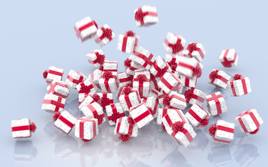 Falling Christmas gift boxes with red bows and ribbons on gray background