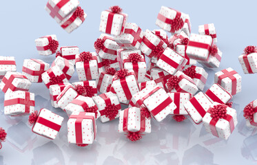 Falling Christmas gift boxes with red bows and ribbons on gray background