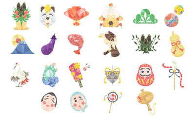 お正月縁起物アイコンポリゴン風イラスト