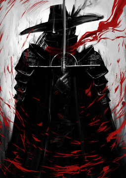 A sinister demon hunter in a swollen hat and plate armor, he is wearing a red scarf, in his hands a shady graceful rapier, he covers her one eye, and looks at the viewer with a druky white. 2D 
