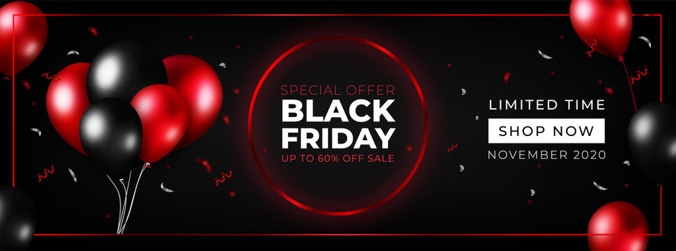 Black Friday dark red promo banner with black and red balloons 