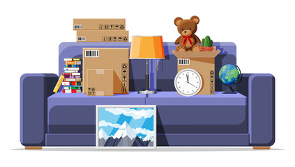 Moving to new house. Family relocated to new home. Sofa with paper cardboard boxes with various household items. Package for transportation. Barrow, lamp. Vector illustration in flat style