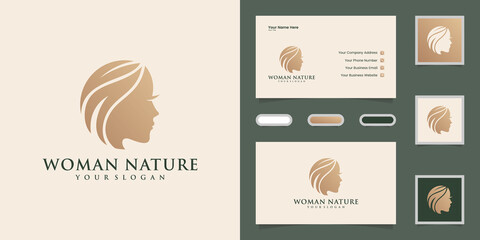 Woman face and hair leaf salon logo and business cad