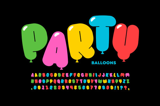 Party balloons style font design, helium balloons alphabet letters and numbers vector illustration