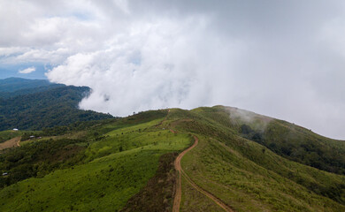 Top view of countryside road passing through the green forrest and mountain