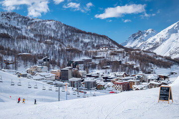 Panorama of Cervinia Cervinia ski resort, Italy. Beautiful landscape in the Alps.