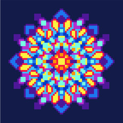 Abstract geometric triangle kaleidoscope mandala  pixel art  design symbol - symmetrical vector art pattern from colored triangles.  8-bit. Isolated vector illustration.