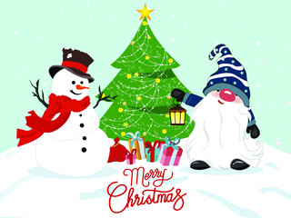 Winter Christmas background with gnomes and snowman Vector illustration. Snowflakes sky. falling snow and Christmas tree sign, for graphic, santa gift, landscape, card, sale, merry christmas  