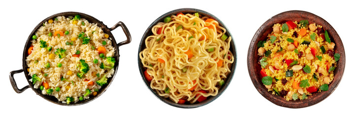 Vegan side dishes set, isolated on a white background. Vegetable rice, noodles, and couscous, shot from the top