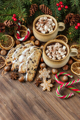 Ceramic mug filled with hot chocolate  and Christmas cake portion