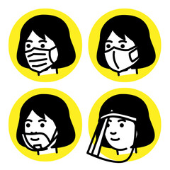 Woman with medical mask, mouth shield and face shield. Vector illustration.