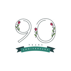 90 years anniversary celebration with floral flowers ilustration template design