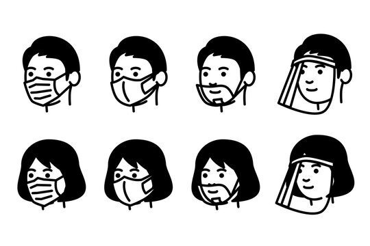 Men And Women With Medical Mask, Mouth Shield And Face Shield. Vector Illustration.