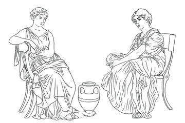 Two ancient Greek Woman sits on a chairs near a jug of wine. Figure isolated on white background.