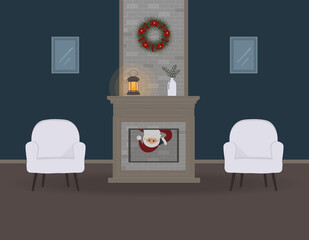 Christmas eve. Cute funny Santa Claus sneaks into the house through the fireplace and you can only see his face.A beautiful Christmas wreath and an old lamp with a candle. For websites, press.Raster