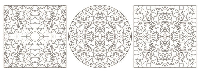 Set contour illustrations of stained glass with abstract swirls and flowers , dark outlines on a white background