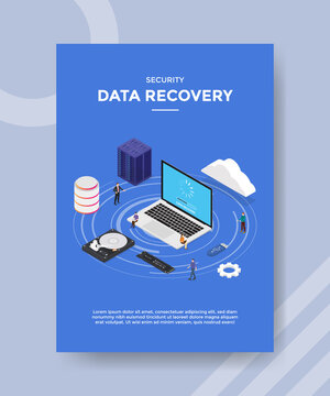 security data recovery people standing sitting on laptop sever big data hard disk ram memory cloud for template of banners, flyer, books cover, magazines
