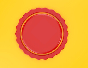 Red badge on yellow background. Can be used for labels and pricing.