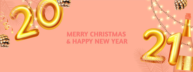Happy New 2021 Year Party poster template with 3D realistic text, champagne bottle and glass, cones, cerpentine and lights. Festive design. Christmas flyer template
