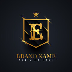 E Alphabet gold logo, brand name illustration template design