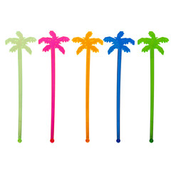 Decoration of colored transparent cocktail sticks in the shape of a palm tree. Isolated on white