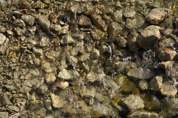 Closeup of a river in South France, flows over pebbles with death leaves. Autumn in Provence.