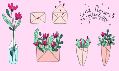 Collection of flowers. Envelope with flowers, flower bouquet, vase wit flower. Send flowers collection
