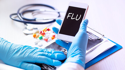 Close up hands doctor take smartphone with text FLU tablets, stethoscope ,healthcare. Medicine