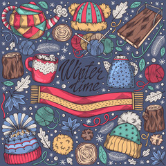 Obraz premium Colorful hand drawn set of winter elements - snowflakes, hat, scarf, knitting and others. Isolated cozy symbols of winter time. Vector illustration