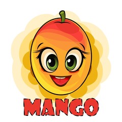 Mango fruits on an abstract background. Face. Inscription. Isolated object on white. Ripe. Cartoon flat style. Illustration. Smile. Vector