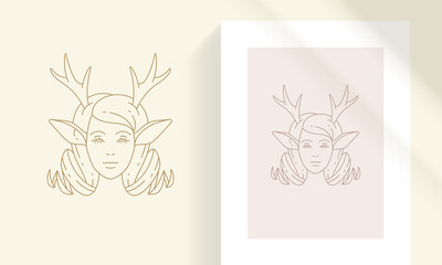 Female faun head with antlers silhouette linear vector illustration