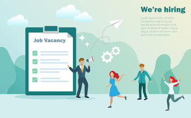 We're hiring and job recruitment concept. Man holding megaphone announce for job vacancy position with man and woman feeling happy when hiring. Vector .