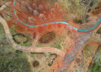 Beautiful public park and footpaths top view, aerial photography.