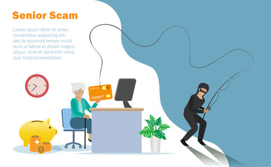 Hacker online phishing credit card information from senior woman. Idea for digital online cyber crime, hacking, phishing, scaming and financial security concept.