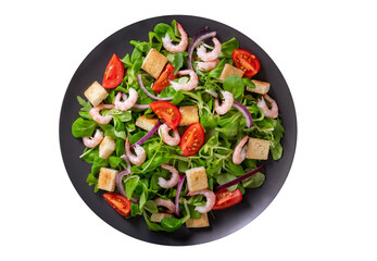 plate of fresh salad with shrimps, greens and tomato isolated on white background