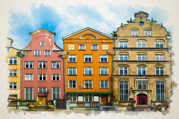 Watercolor drawing of Typical colorful houses buildings with multicolored facade, outdoor porch with front steps stairs, Piwna street with cobblestone road, old historical city centre, Gdansk, Poland