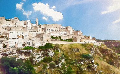 Fototapeta na wymiar Watercolor drawing of Matera view of historical centre Sasso Caveoso of old ancient town Sassi di Matera with rock cave houses, European Capital of Culture, UNESCO World Heritage Site, Southern Italy