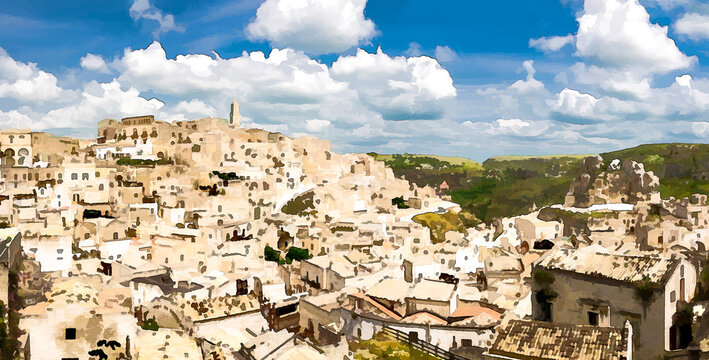 Watercolor drawing of Aerial panoramic view of historical centre Sasso Caveoso of old ancient town Sassi di Matera with rock cave houses, blue sky white clouds, Basilicata, Southern Italy