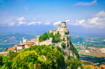 Obraz premium Watercolor drawing of Republic San Marino Prima Torre Guaita first fortress tower with brick walls on Mount Titano stone rock with green trees, aerial panoramic view of valley and hills of suburban