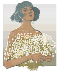 young girl with freckles and a bob hairstyle holds a huge bouquet of daisies in her  hands - 394587701