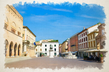 Watercolor drawing of Old colorful multicolored building and houses and Pope Paul V monument on Piazza Cavour square in historical city centre Rimini with blue sky background, Emilia-Romagna, Italy