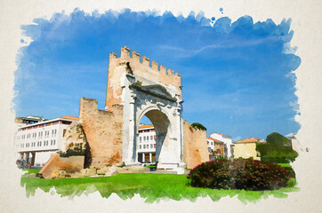 Obraz premium Watercolor drawing of Ruins of ancient brick wall and stone gate Arch of Augustus Arco di Augusto, green lawn with bush of flowers in historical touristic city centre Rimini, Emilia-Romagna, Italy