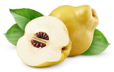 Ripe quince with green leaves isolated on white background. Quince with clipping path. Quince stack...