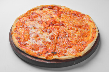 Pepperoni pizza on a white background. Traditional Italian pizza with tomatoes and olives isolated on white.